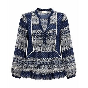 Olsenboye Boho Peplum Blouse Womens Large Blue Tribal Print Sheer Ruffle Top